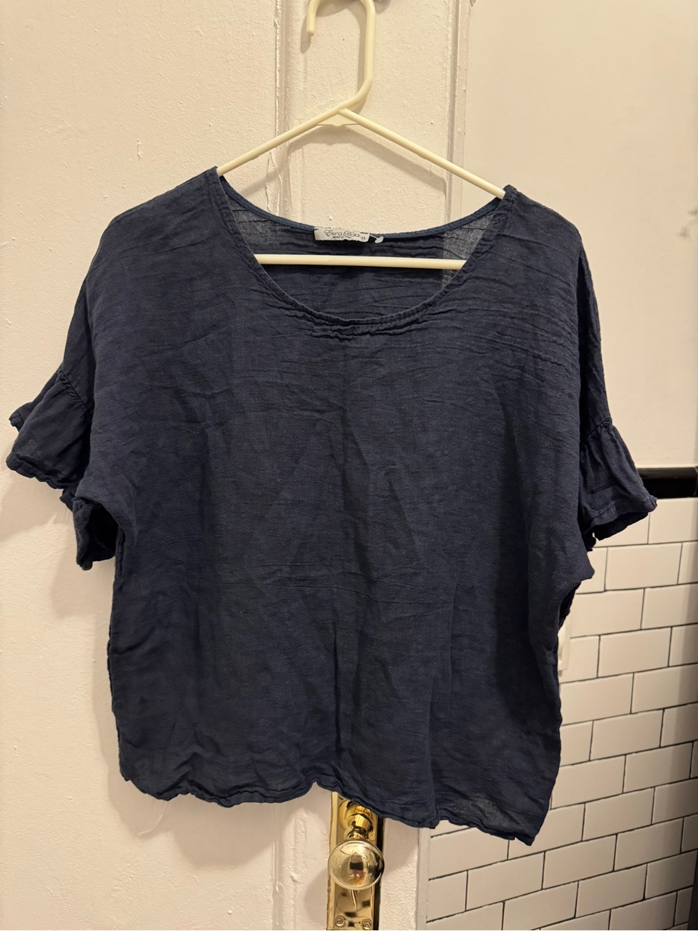 Elena Baldi Women’s Blue Linen Scoop Neck Ruffle Short Sleeve size M